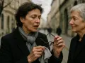 Dwie kobiety rozmawiają na ulicy. Jedna z nich, z ciemnymi włosami, czyści okulary. Idealne okulary po 50. dla każdej z nich.