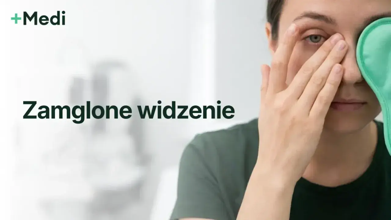 Kobieta z zieloną opaską na oku, doświadczająca zamglonego widzenia.