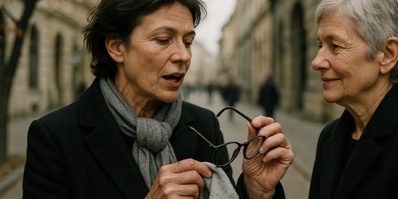 Dwie kobiety rozmawiają na ulicy. Jedna z nich, z ciemnymi włosami, czyści okulary. Idealne okulary po 50. dla każdej z nich.