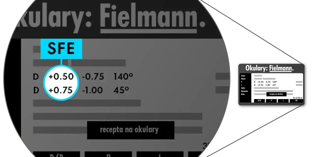 Wyniki badania wzroku jak czytać: recepta na okulary Fielmann z mocami +0.50 i +0.75.