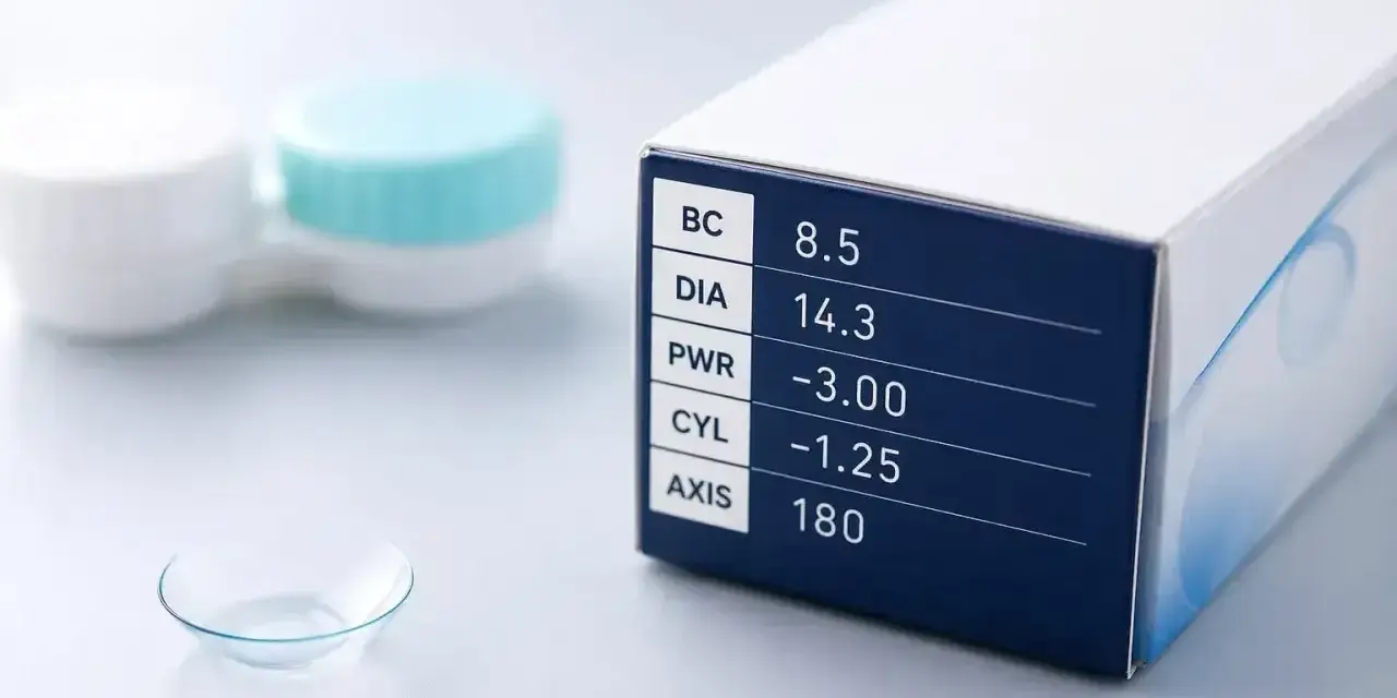 Soczewka kontaktowa, pudełko z parametrami: BC 8.5, DIA 14.3, PWR -3.00, CYL -1.25, AXIS 180. Sferyczne soczewki poprawiające wzrok.