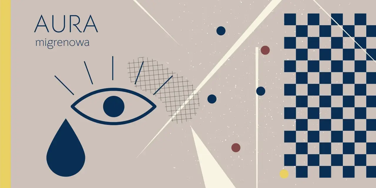 Aura migrenowa: czy migrena oczna jest niebezpieczna? Abstrakcyjny motyw z okiem, łzą i szachownicą.