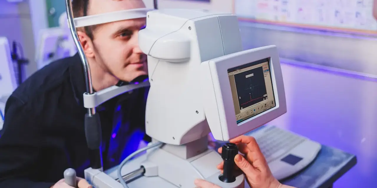 Badanie wzroku z użyciem perymetrii kinetycznej. Pacjent patrzy w urządzenie, technik obsługuje sprzęt.