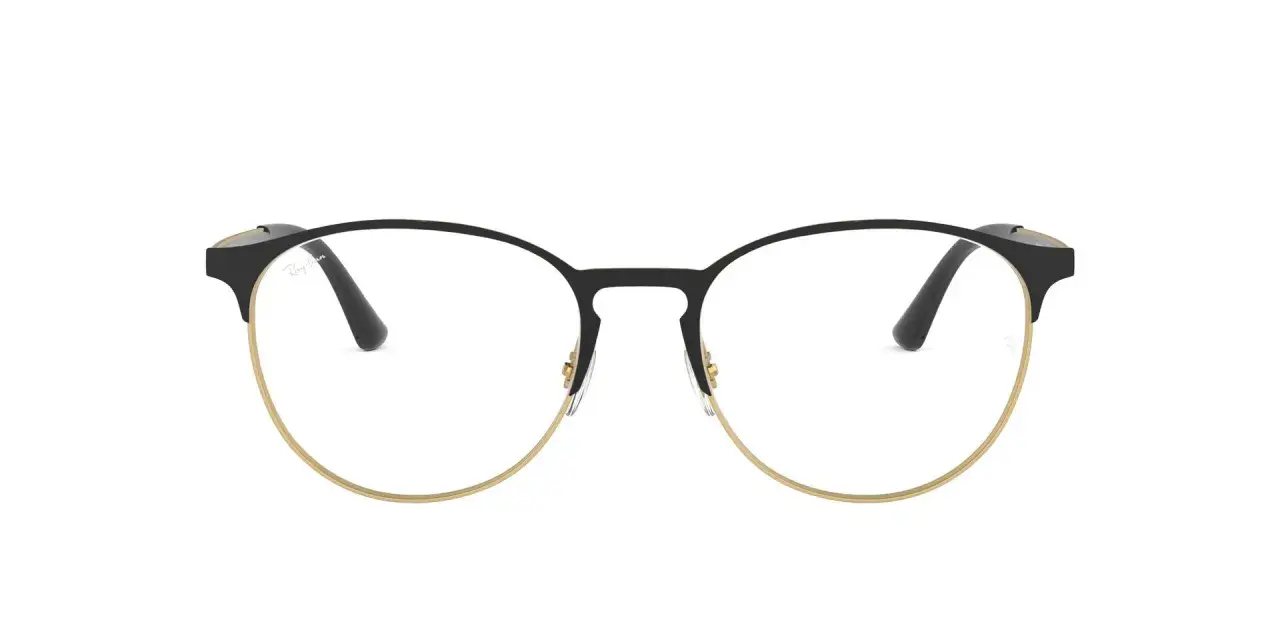 Eleganckie okulary korekcyjne Ray-Ban z czarnymi oprawkami i złotym wykończeniem. Jedne z dobrych marek okularów korekcyjnych.