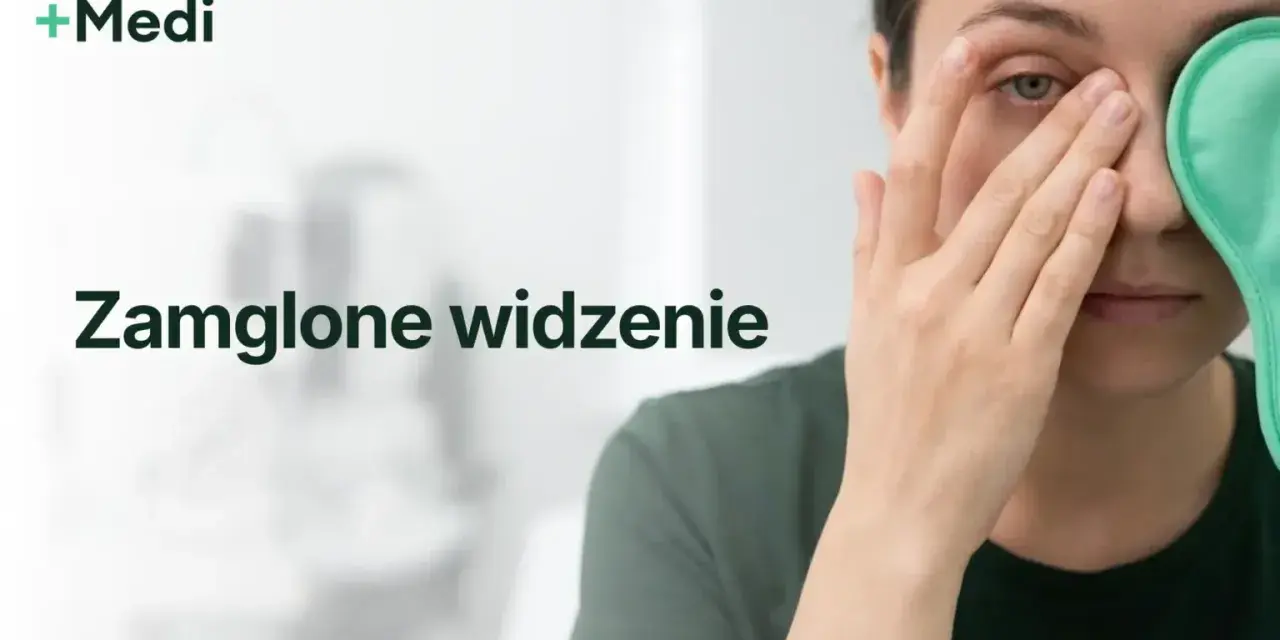 Kobieta z zieloną opaską na oku, doświadczająca zamglonego widzenia.