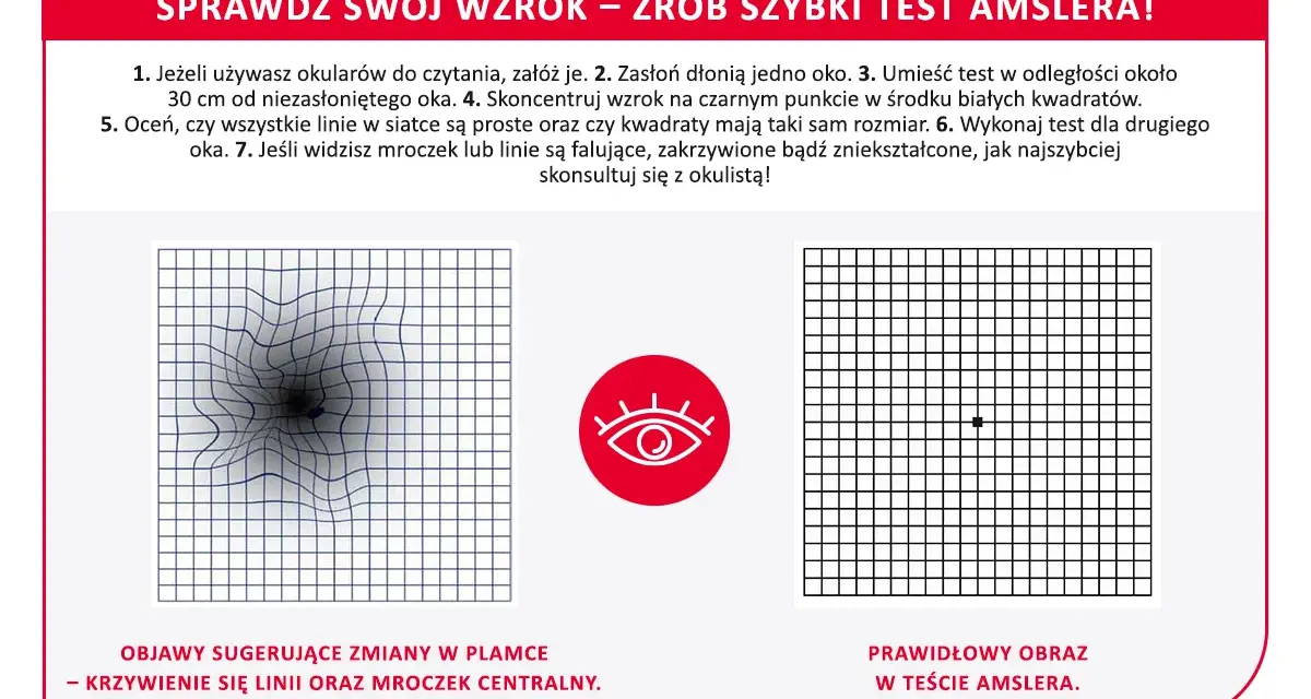Test Amslera pokazuje zniekształcone linie, sugerując zmiany w plamce żółtej. Domowe sposoby mogą pomóc, ale konsultacja z lekarzem jest kluczowa.