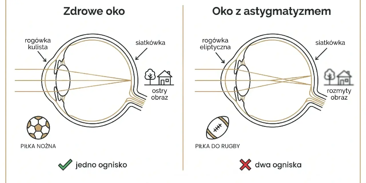 Porównanie zdrowego oka z kulistą rogówką i oka z astygmatyzmem (eliptyczna rogówka). Wyjaśnia, jak czytać wynik pola widzenia, pokazując jedno ognisko dla ostrego obrazu i dwa ogniska dla rozmytego.