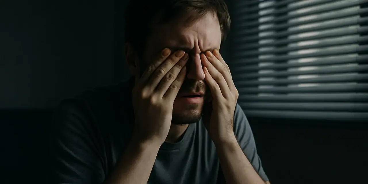 Mężczyzna zamyka oczy, szukając ulgi od światła. Oto domowe sposoby na światłowstręt.