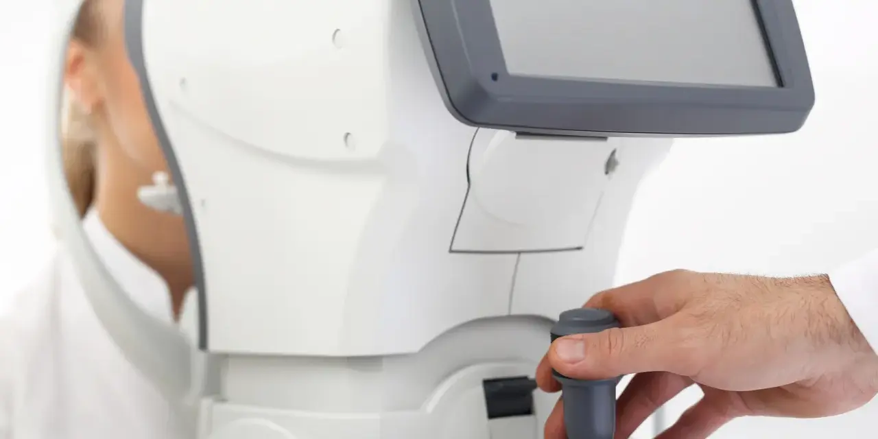 Badanie wzroku pacjentki przy użyciu nowoczesnego sprzętu. Lekarz manipuluje joystickiem, jakby sterował statkiem kosmicznym, a pacjentka patrzy w dal, jakby widziała kolorowy balon.