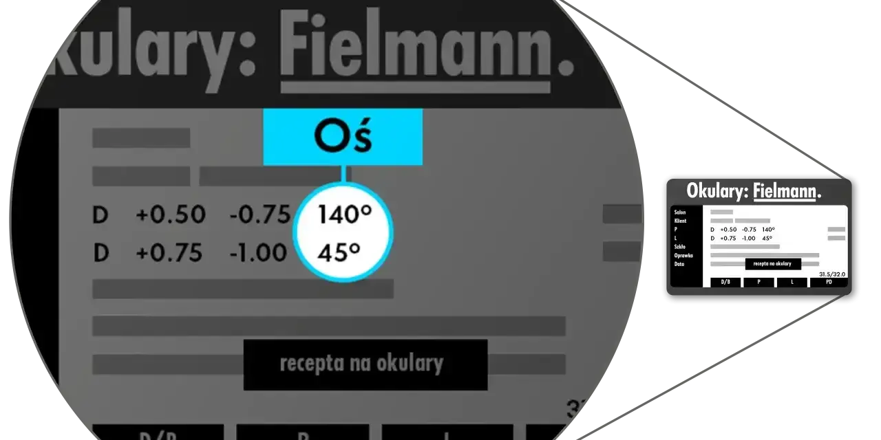 Wynik badania ostrości wzroku dla klienta Fielmann: soczewki z mocą +0.50 i +0.75, osie 140° i 45°.