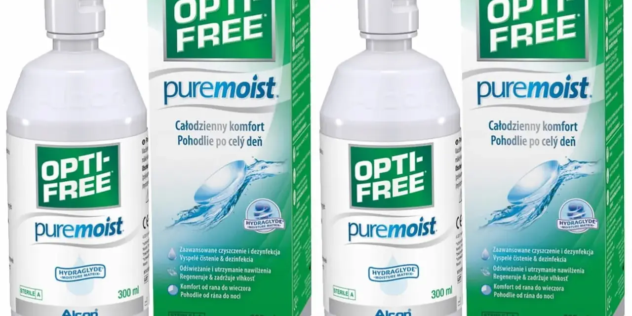 Dwie butelki i dwa pudełka płynu do soczewek Opti-Free Puremoist. Szukasz, czym zastąpić płyn do soczewek? Ten produkt zapewnia całodzienny komfort.