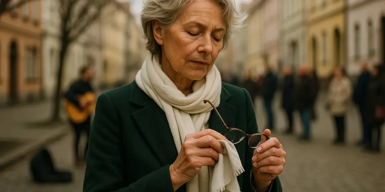 Elegancka 60-latka czyści swoje modne okulary na tle ulicznego grajka.
