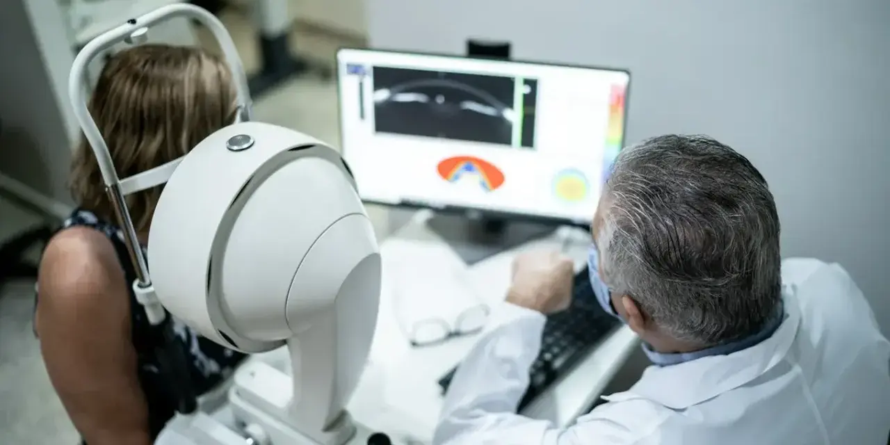 Lekarz omawia z pacjentką wyniki badania oka, analizując obraz na monitorze. W tle widoczny sprzęt okulistyczny, sugerujący diagnostykę, np. angiografia fluoresceinowa, z uwzględnieniem przeciwwskazań.