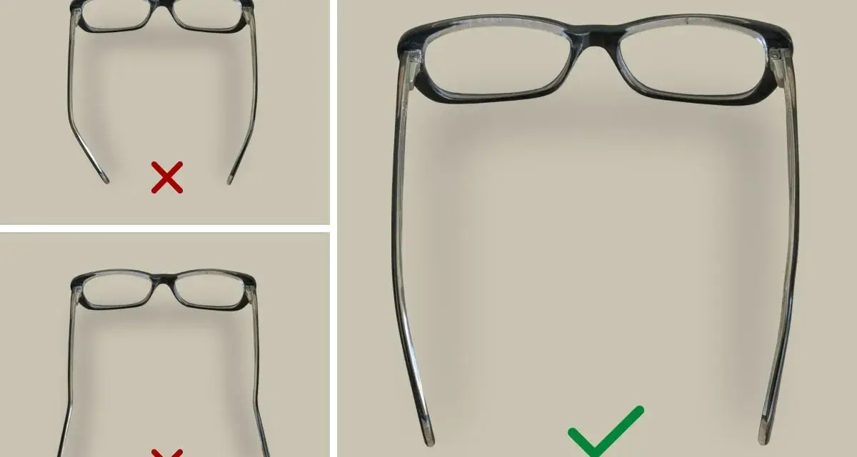 Jak wyprostować okulary: porównanie wygiętych zauszników (krzyżyki) z prostymi (ptaszek).