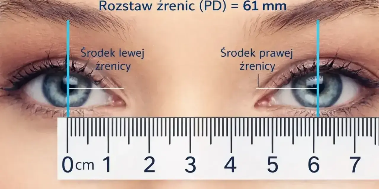 Pomiar rozstawu źrenic (PD) 61 mm. Jedno oko mniejsze od drugiego? Nie, to tylko perspektywa. Miarka pokazuje symetrię.