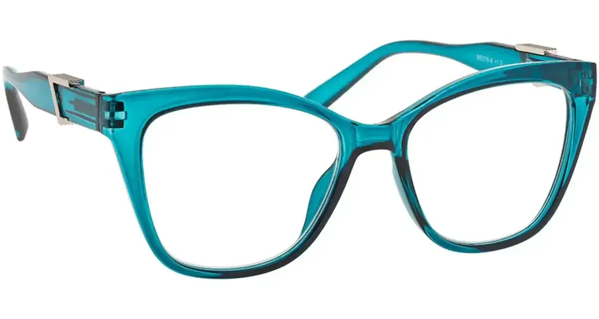 Eleganckie, turkusowe okulary do czytania w kształcie kocich oczu. Stylowe, idealne do poprawy ostrości widzenia podczas lektury.