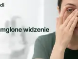 Kobieta z zieloną opaską na oku, doświadczająca zamglonego widzenia.