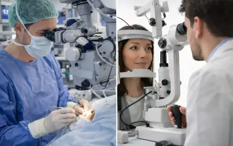 Optometrysta to specjalista od wzroku. Na zdjęciu widzimy go podczas operacji oka i badania wzroku pacjentki.