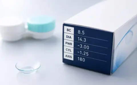 Soczewka kontaktowa, pudełko z parametrami: BC 8.5, DIA 14.3, PWR -3.00, CYL -1.25, AXIS 180. Sferyczne soczewki poprawiające wzrok.