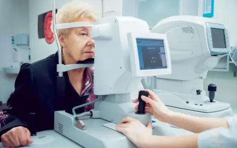 Starsza pani bada wzrok. Lekarz ustawia aparat, by zmierzyć perymetr pola widzenia.