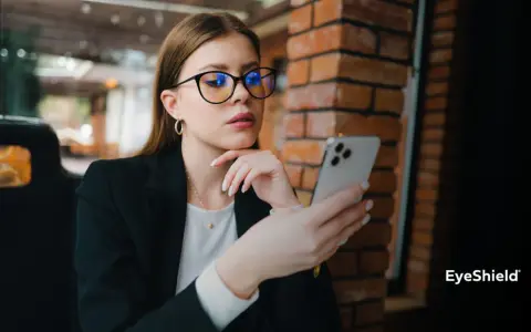 Kobieta w okularach z niebieskimi filtrami przegląda telefon. Różne rodzaje okularów mogą chronić wzrok.