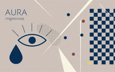 Aura migrenowa: czy migrena oczna jest niebezpieczna? Abstrakcyjny motyw z okiem, łzą i szachownicą.