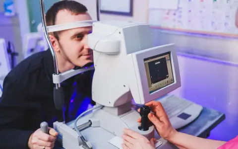 Badanie wzroku z użyciem perymetrii kinetycznej. Pacjent patrzy w urządzenie, technik obsługuje sprzęt.