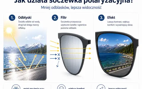 Ilustracja pokazuje, jak soczewka polaryzacyjna redukuje odblaski, poprawiając widoczność. Działanie polaryzacji eliminuje refleksy, zapewniając lepszy komfort.