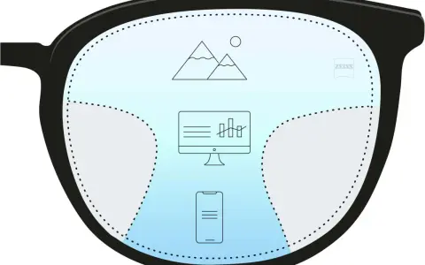 Okulary z soczewkami Zeiss pokazują góry, monitor i smartfon.