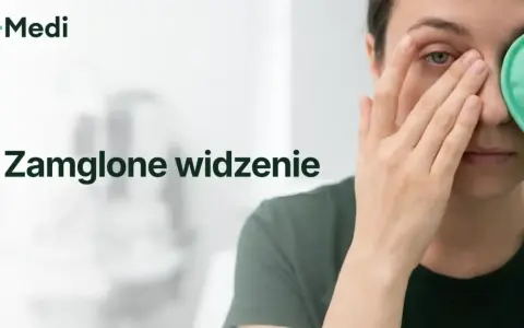 Kobieta z zieloną opaską na oku, doświadczająca zamglonego widzenia.