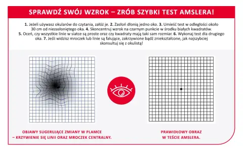 Test Amslera pokazuje zniekształcone linie, sugerując zmiany w plamce żółtej. Domowe sposoby mogą pomóc, ale konsultacja z lekarzem jest kluczowa.