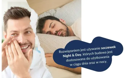 Mężczyzna zakłada soczewkę, a obok śpi spokojnie. Idealne rozwiązanie na drzemkę w soczewkach Night & Day, które można nosić dzień i noc.