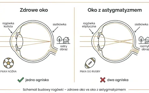 Porównanie zdrowego oka z kulistą rogówką i oka z astygmatyzmem (eliptyczna rogówka). Wyjaśnia, jak czytać wynik pola widzenia, pokazując jedno ognisko dla ostrego obrazu i dwa ogniska dla rozmytego.