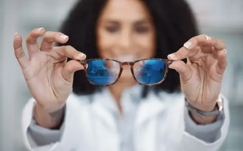 Okulary relaksacyjne wady wzroku? Kobieta w białym kitlu prezentuje okulary z niebieskimi soczewkami, które odbijają wnętrze sklepu.