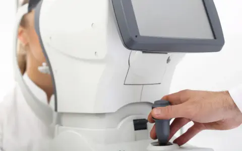 Badanie wzroku pacjentki przy użyciu nowoczesnego sprzętu. Lekarz manipuluje joystickiem, jakby sterował statkiem kosmicznym, a pacjentka patrzy w dal, jakby widziała kolorowy balon.