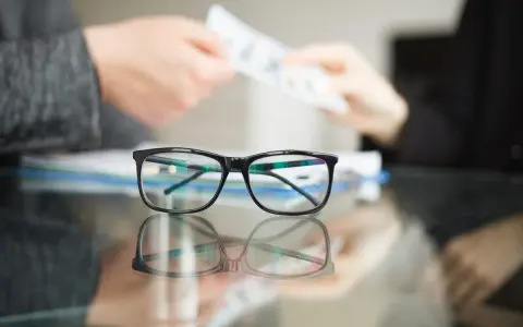 Okulary na pierwszym planie, w tle ręce przekazujące pieniądze. Idealny moment na skorzystanie z promocji na okulary!