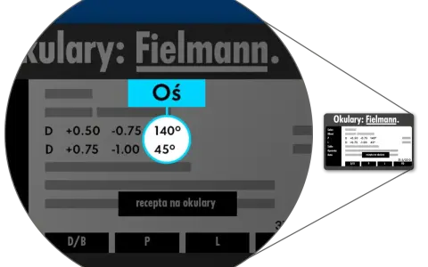 Wynik badania ostrości wzroku dla klienta Fielmann: soczewki z mocą +0.50 i +0.75, osie 140° i 45°.