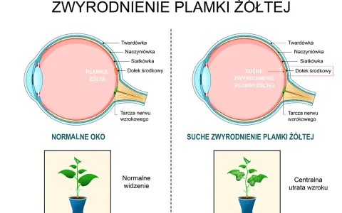 Porównanie zdrowego oka z plamką żółtą i oka z jej zwyrodnieniem. Obrazek pokazuje, jak plamka żółta wpływa na widzenie.
