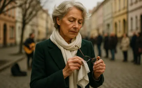 Elegancka 60-latka czyści swoje modne okulary na tle ulicznego grajka.