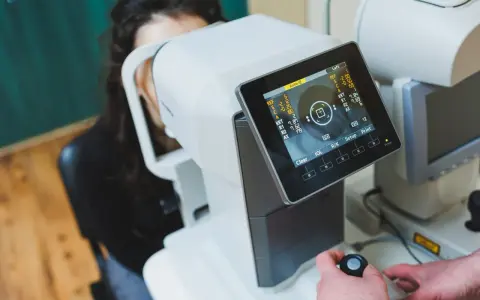 Badanie wzroku za pomocą urządzenia angio OCT. Pacjentka patrzy w aparat, a technik obsługuje sprzęt.