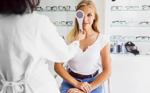 Młoda kobieta przechodzi badanie wzroku. Optometrysta zasłania jej jedno oko przyrządem do cover testu.