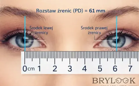 Pomiar rozstawu źrenic (PD) 61 mm. Jedno oko mniejsze od drugiego? Nie, to tylko perspektywa. Miarka pokazuje symetrię.