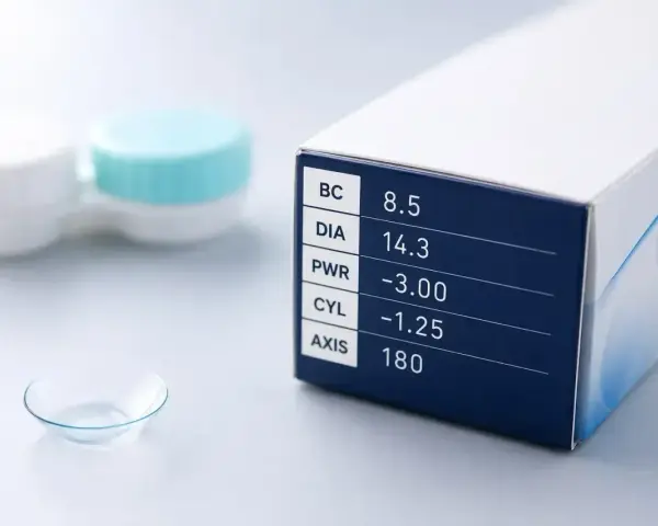Soczewka kontaktowa, pudełko z parametrami: BC 8.5, DIA 14.3, PWR -3.00, CYL -1.25, AXIS 180. Sferyczne soczewki poprawiające wzrok.