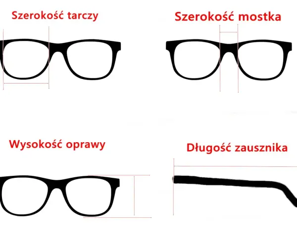 Schemat okularów z wymiarami: szerokość tarczy, mostka, wysokość oprawy i długość zausznika.