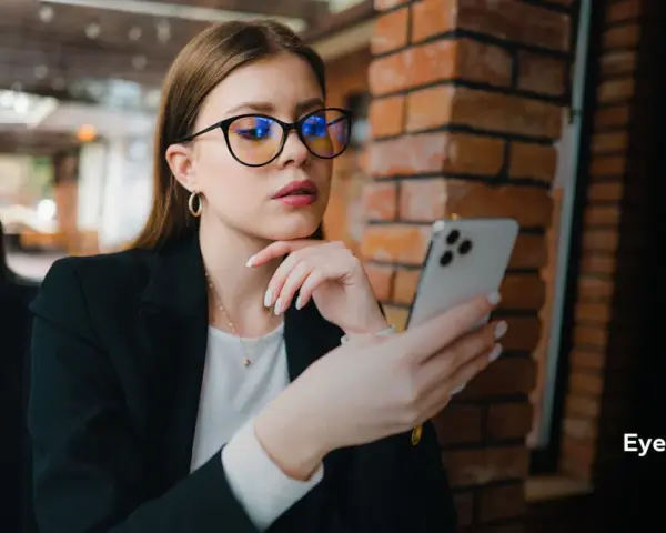 Kobieta w okularach z niebieskimi filtrami przegląda telefon. Różne rodzaje okularów mogą chronić wzrok.