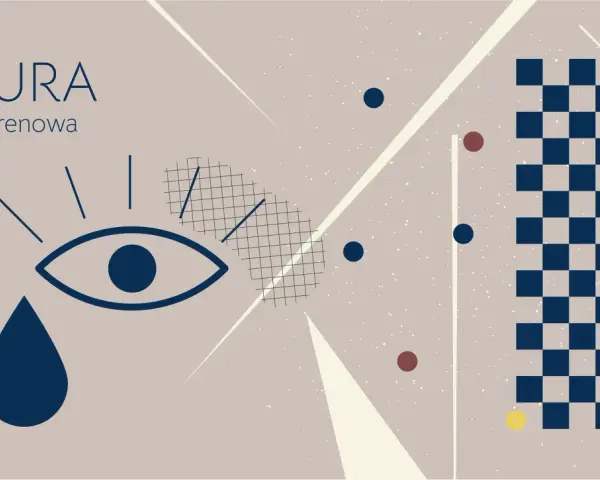 Aura migrenowa: czy migrena oczna jest niebezpieczna? Abstrakcyjny motyw z okiem, łzą i szachownicą.
