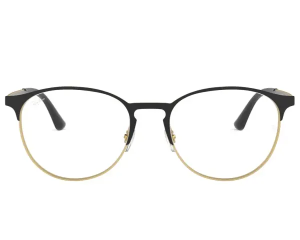 Eleganckie okulary korekcyjne Ray-Ban z czarnymi oprawkami i złotym wykończeniem. Jedne z dobrych marek okularów korekcyjnych.
