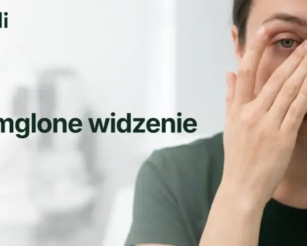 Kobieta z zieloną opaską na oku, doświadczająca zamglonego widzenia.