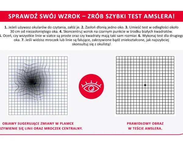 Test Amslera pokazuje zniekształcone linie, sugerując zmiany w plamce żółtej. Domowe sposoby mogą pomóc, ale konsultacja z lekarzem jest kluczowa.