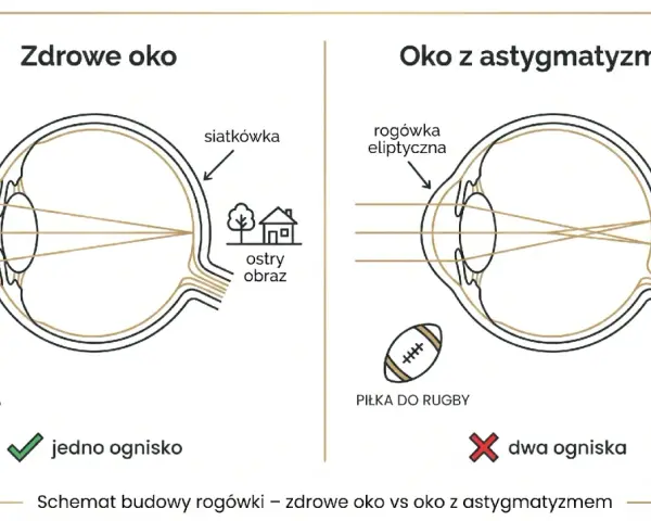 Porównanie zdrowego oka z kulistą rogówką i oka z astygmatyzmem (eliptyczna rogówka). Wyjaśnia, jak czytać wynik pola widzenia, pokazując jedno ognisko dla ostrego obrazu i dwa ogniska dla rozmytego.